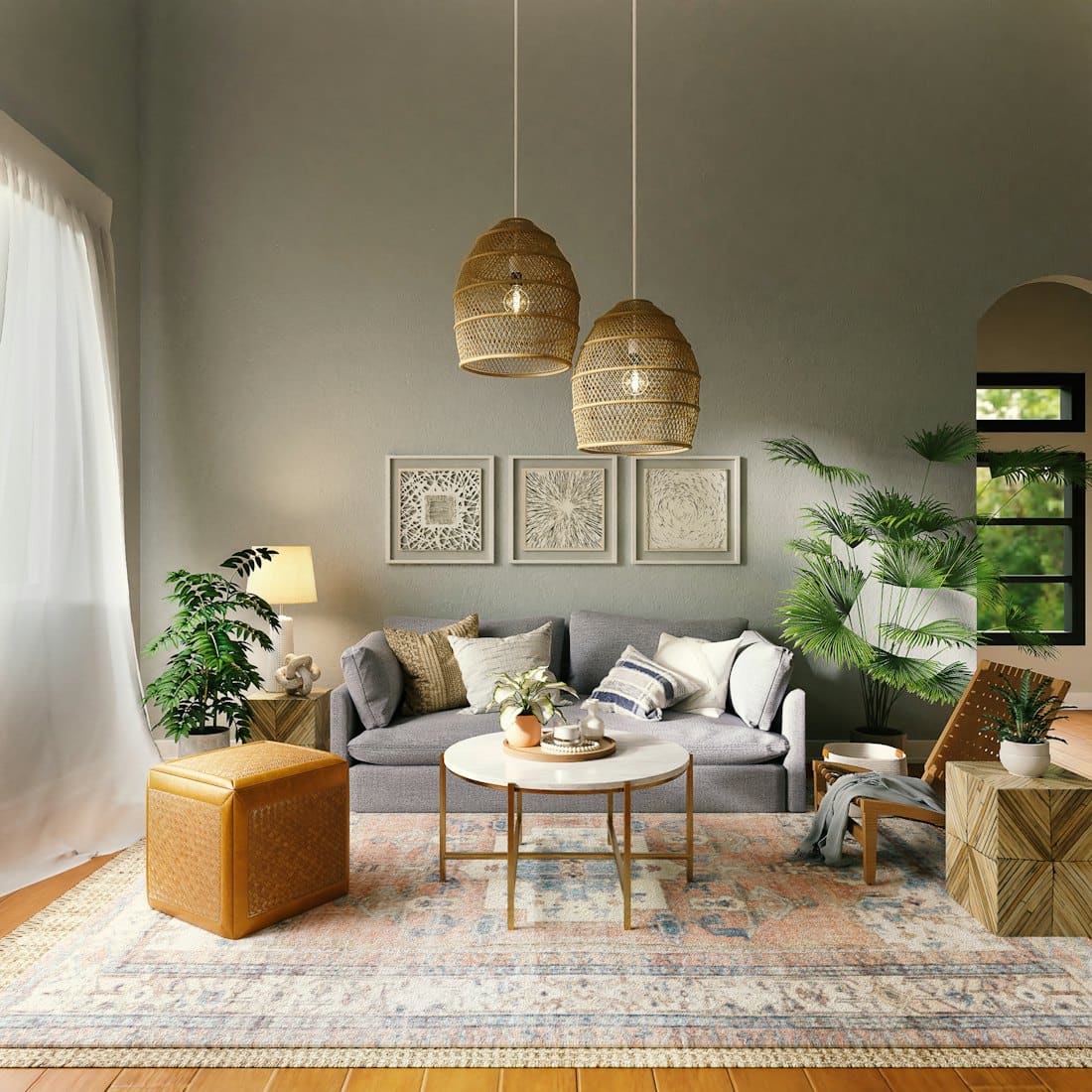 Warm living room with rattan pendants and a cream sofa